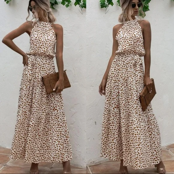 Boho cream brown halter dot belted maxi dress